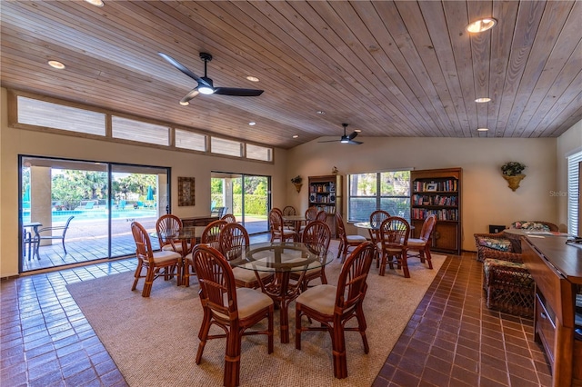 dining space with vaulted ceiling, recessed lighting, wooden ceiling, and ceiling fan