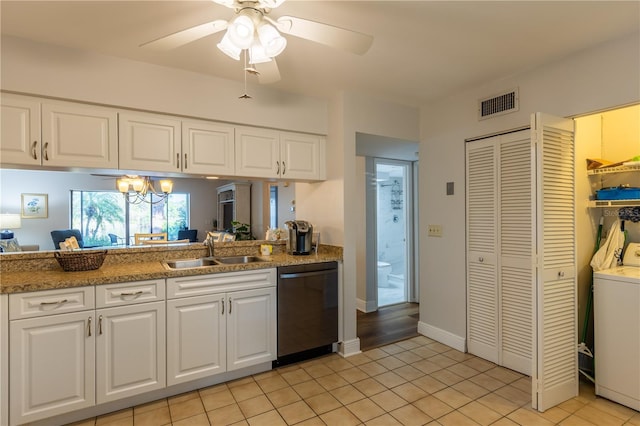 kitchen featuring visible vents, ceiling fan with notable chandelier, a sink, white cabinetry, and dishwasher