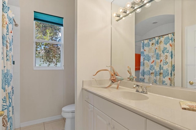 full bath featuring baseboards, toilet, curtained shower, tile patterned flooring, and vanity