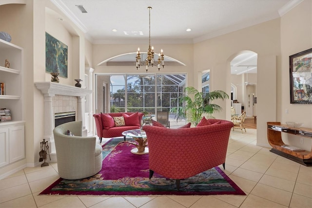 living room with light tile patterned flooring and crown molding