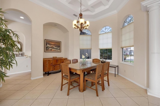 dining space featuring light tile patterned floors, coffered ceiling, beam ceiling, and baseboards