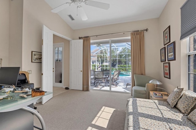 bedroom with access to exterior, lofted ceiling, visible vents, a sunroom, and carpet flooring