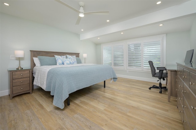 bedroom with ceiling fan and light wood-type flooring