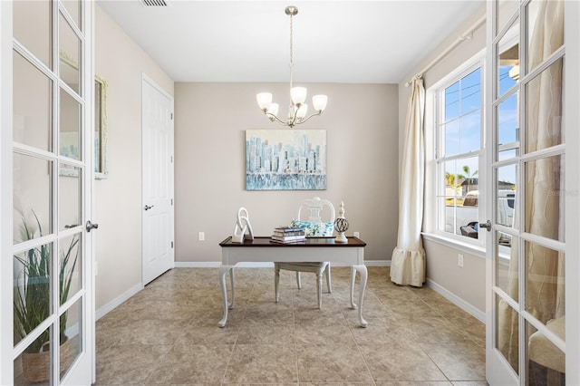 office area featuring light tile patterned flooring, french doors, and a notable chandelier