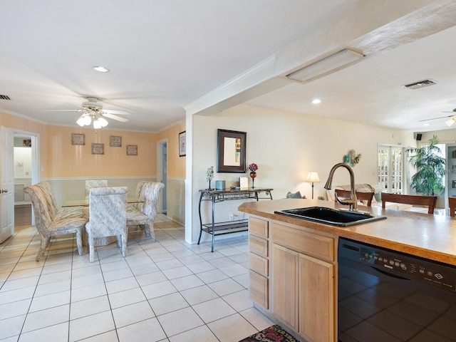 kitchen with dishwasher, sink, ornamental molding, ceiling fan, and light brown cabinets