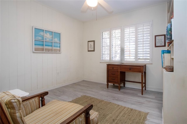 1555 Flower Dr, Sarasota, FL 34239 - interior space with light hardwood / wood-style floors, ceiling fan, and ornamental molding