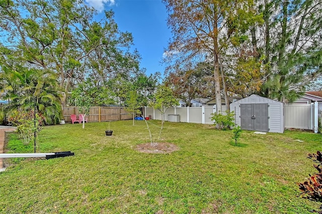 view of yard with a storage shed