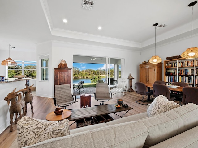 living room featuring crown molding, light hardwood / wood-style floors, and a tray ceiling