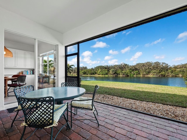 sunroom / solarium with a water view