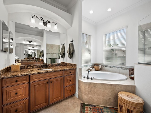 bathroom with crown molding, vanity, tile patterned floors, and plus walk in shower