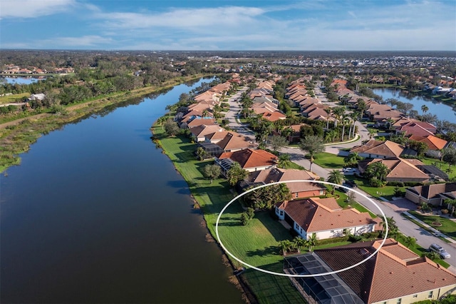 bird's eye view with a water view