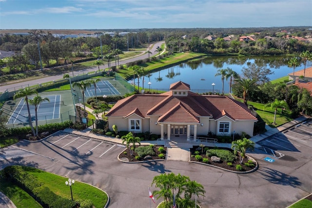 drone / aerial view with a water view