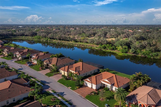 drone / aerial view with a water view