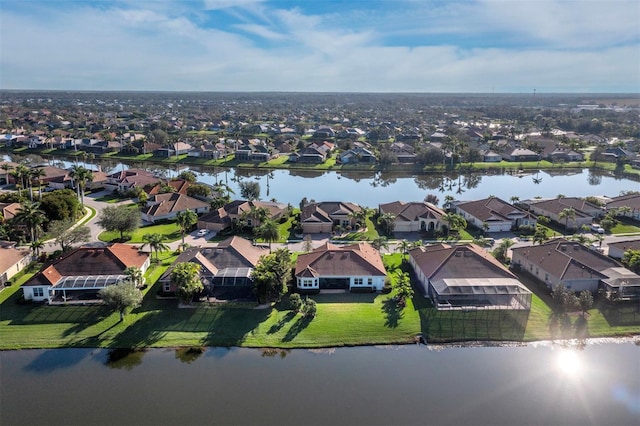 drone / aerial view featuring a water view