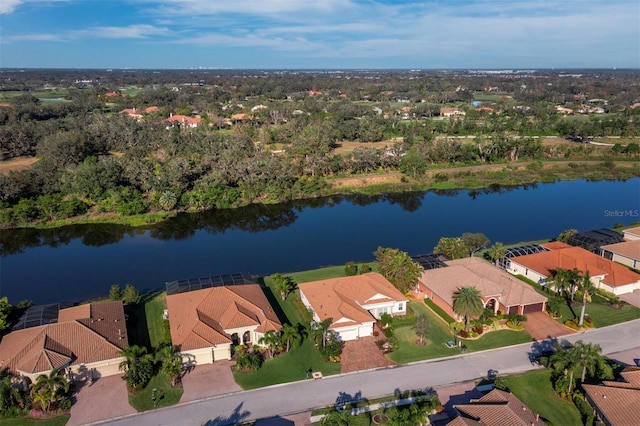 drone / aerial view featuring a water view