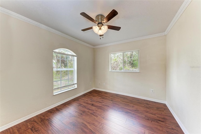 spare room featuring dark hardwood / wood-style flooring, crown molding, and a wealth of natural light