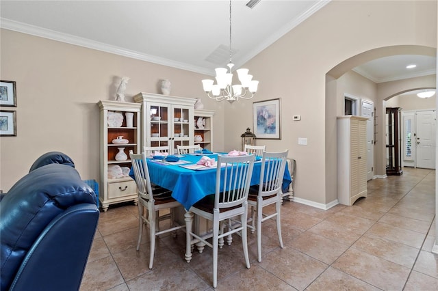 tiled dining space with crown molding and an inviting chandelier