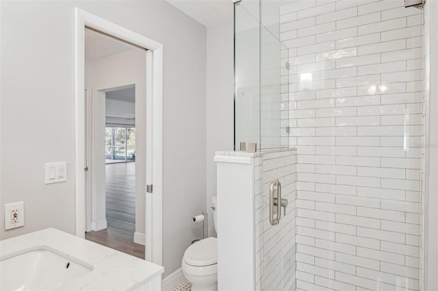 bathroom featuring vanity, toilet, and walk in shower