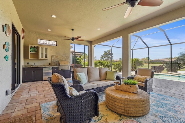 view of patio with glass enclosure, outdoor lounge area, an outdoor pool, and area for grilling