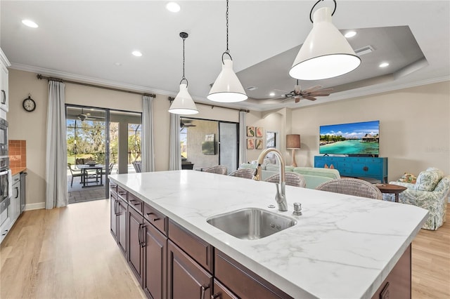 kitchen featuring crown molding, light wood-type flooring, a sink, and a tray ceiling