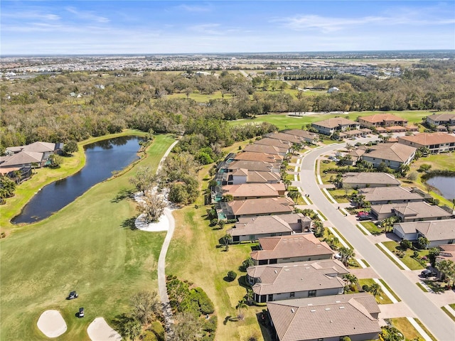 aerial view featuring a water view and a residential view