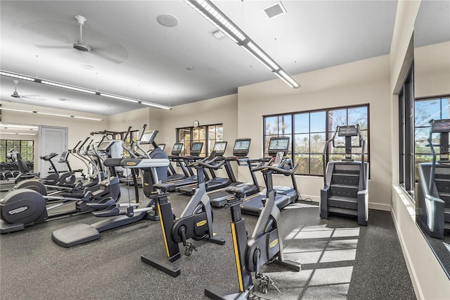 gym with a ceiling fan, plenty of natural light, visible vents, and baseboards