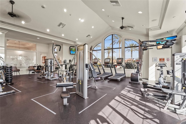 exercise room with lofted ceiling, ornamental molding, visible vents, and recessed lighting