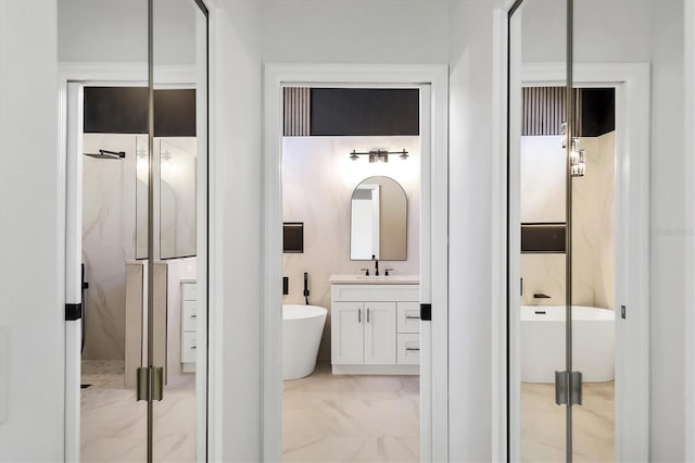 bathroom featuring vanity and plus walk in shower