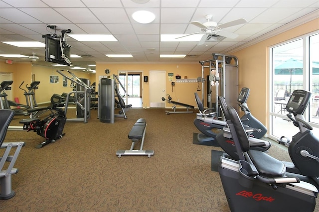 gym featuring ceiling fan, ornamental molding, and a drop ceiling