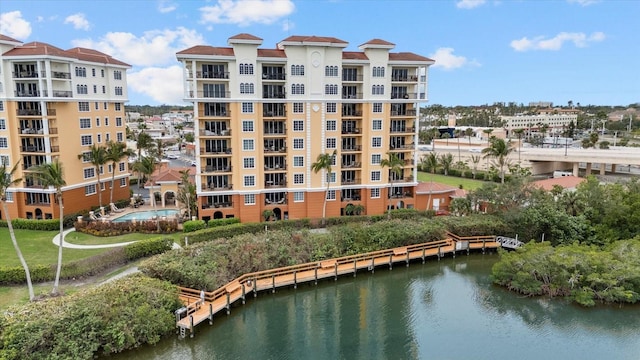 exterior space with a water view