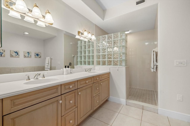 full bath featuring tile patterned flooring, visible vents, a sink, and double vanity