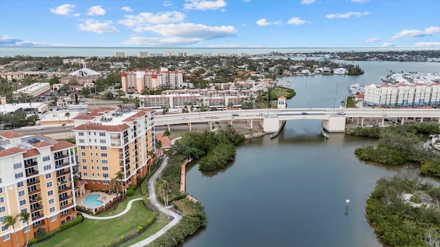 bird's eye view with a water view and a city view