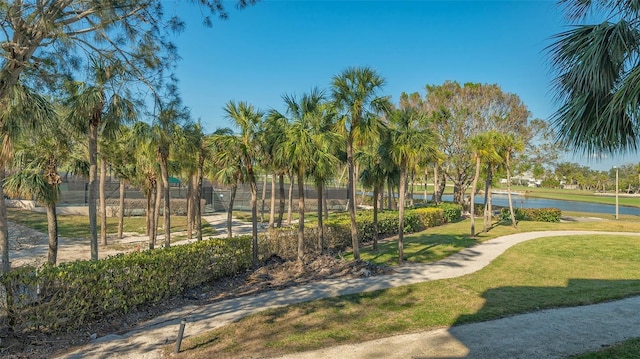 surrounding community featuring a lawn and a water view