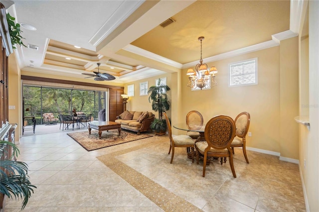 dining area with recessed lighting, coffered ceiling, visible vents, baseboards, and ornamental molding