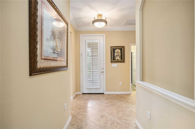 corridor featuring baseboards, light tile patterned floors, and crown molding