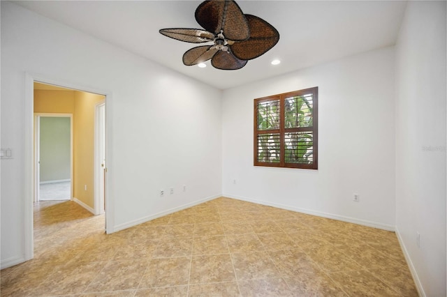 unfurnished room with baseboards, ceiling fan, and recessed lighting