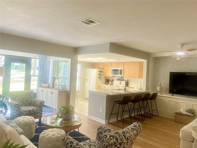 living room with ceiling fan and light hardwood / wood-style flooring