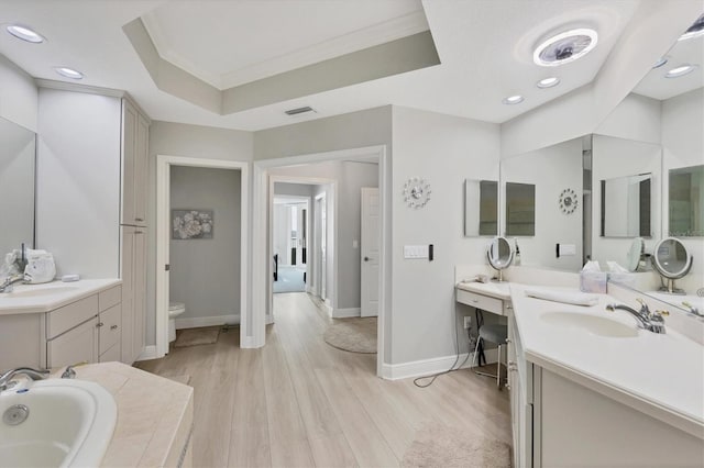 bathroom with a tray ceiling, toilet, vanity, and hardwood / wood-style floors