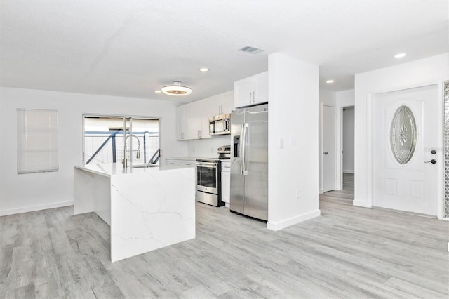 kitchen featuring visible vents, light wood-style flooring, appliances with stainless steel finishes, white cabinetry, and a sink