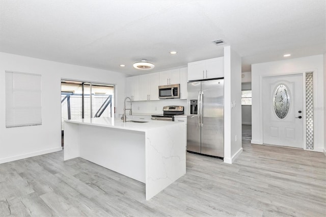 kitchen featuring visible vents, light wood-style flooring, a sink, white cabinets, and appliances with stainless steel finishes