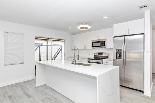 kitchen featuring visible vents, light wood-style flooring, stainless steel appliances, white cabinetry, and a sink