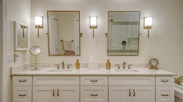 4060 Penshurst Park, Sarasota, FL 34235 - bathroom featuring a sink, a shower stall, and double vanity
