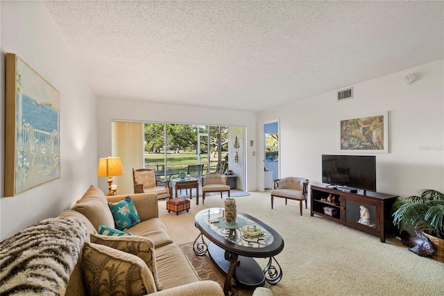 carpeted living room featuring a textured ceiling