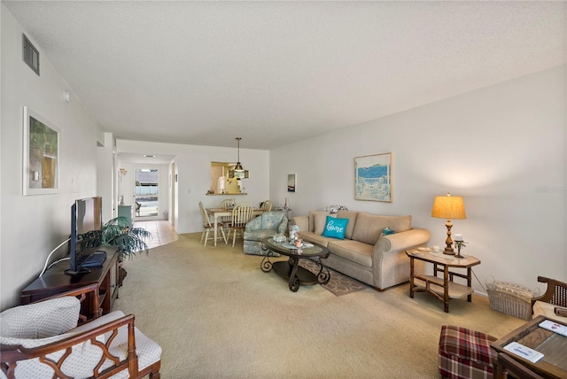 carpeted living room with a textured ceiling