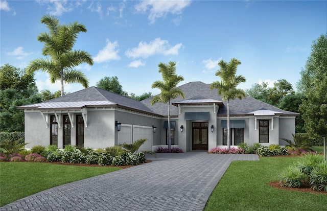 prairie-style house featuring a front lawn, stucco siding, decorative driveway, and a garage