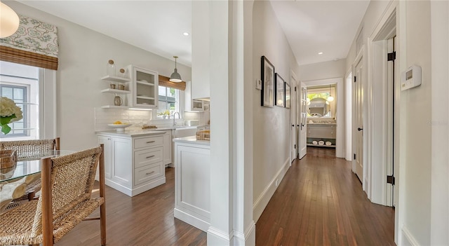 hall featuring sink and dark hardwood / wood-style floors