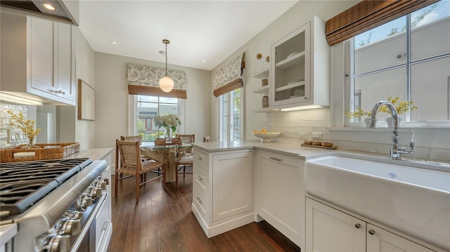 kitchen with sink, dark hardwood / wood-style floors, high end stainless steel range, white cabinets, and decorative light fixtures