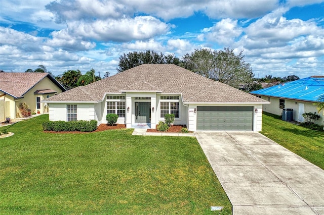 single story home featuring central AC, a garage, and a front yard