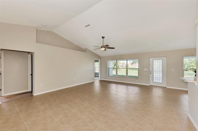 unfurnished living room with lofted ceiling, light tile patterned floors, and ceiling fan