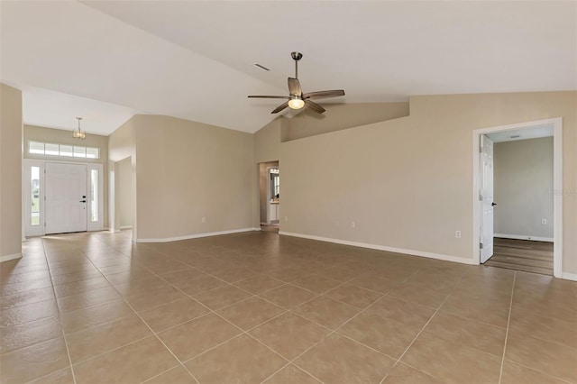 unfurnished living room featuring high vaulted ceiling, ceiling fan, and light tile patterned flooring